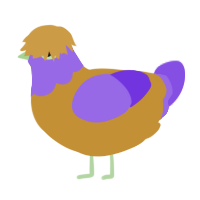 A gold and blurple chicken with a head pattern