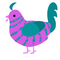 A orchid and teal chicken with a bar pattern