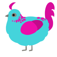 A aqua and fuchsia chicken with a neck-speckle pattern