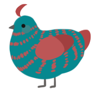 A teal and red chicken with a bar pattern