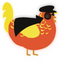 A vermilion and yellow chicken with a half-lace pattern