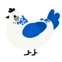 A white and ultramarine chicken with a neck-speckle pattern