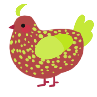 A red and lime chicken with a speckle pattern