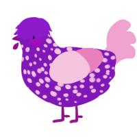 A violet and pink chicken with a speckle pattern