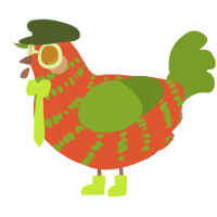 A vermilion and chartreuse chicken with a bar pattern
