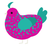 A fuchsia and turquoise chicken with a speckle pattern