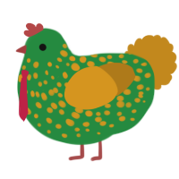 A viridian and ochre chicken with a speckle pattern