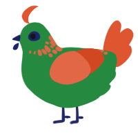 A viridian and vermilion chicken with a neck-speckle pattern