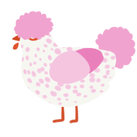A white and pink chicken with a speckle pattern