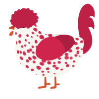 A white and crimson chicken with a speckle pattern