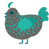 A grey and turquoise chicken with a speckle pattern