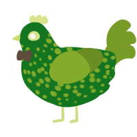 A leaf and chartreuse chicken with a speckle pattern