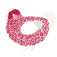 A crimson and white chicken with a double-lace pattern