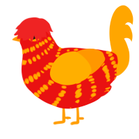 A red and orange chicken with a bar pattern