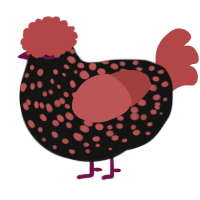 A black and red chicken with a speckle pattern