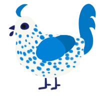 A white and sapphire chicken with a speckle pattern