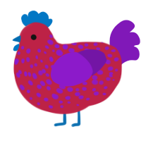 A crimson and violet chicken with a speckle pattern