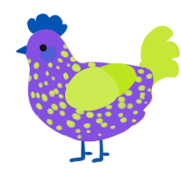 A blurple and lime chicken with a speckle pattern