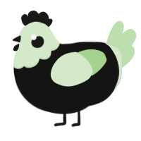 A black and gluppy chicken with a head pattern