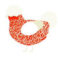 A vermilion and white chicken with a double-lace pattern