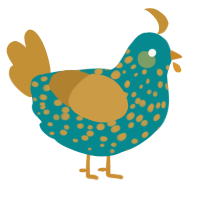 A teal and gold chicken with a speckle pattern