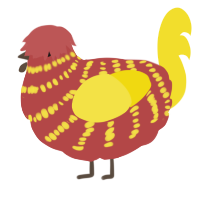 A red and yellow chicken with a bar pattern