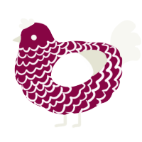 A maroon and white chicken with a lace pattern