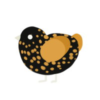 Bumble, a black and orange chicken with a speckle pattern