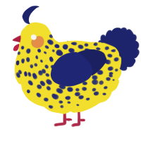 A yellow and navy chicken with a speckle pattern