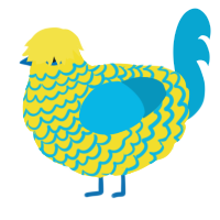 A yellow and cerulean chicken with a lace pattern