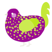 A plum and lime chicken with a speckle pattern