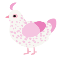 A white and pink chicken with a speckle pattern