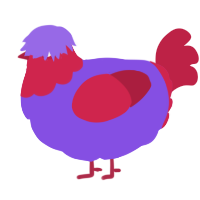 A blurple and crimson chicken with a head pattern