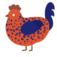 A vermilion and navy chicken with a speckle pattern