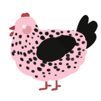 A rose and black chicken with a speckle pattern
