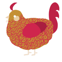 A gold and crimson chicken with a double-lace pattern