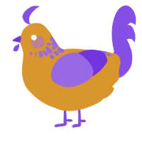 A orange and blurple chicken with a neck-speckle pattern