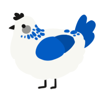 A white and ultramarine chicken with a neck-speckle pattern