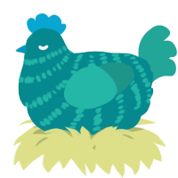 A teal and turquoise chicken with a bar pattern