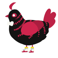 A black and crimson chicken with a half-bar pattern