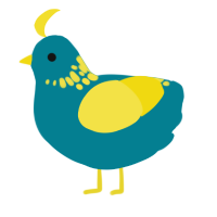 A sea and yellow chicken with a neck-speckle pattern
