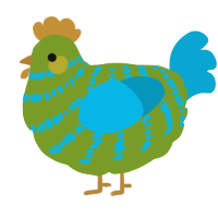 A chartreuse and cerulean chicken with a bar pattern