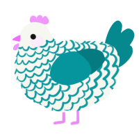 A white and teal chicken with a lace pattern