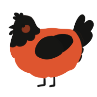 A vermilion and black chicken with a head pattern