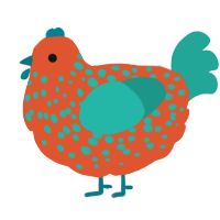 A vermilion and turquoise chicken with a speckle pattern