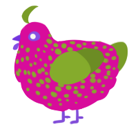 A fuchsia and chartreuse chicken with a speckle pattern