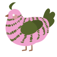 A pink and olive chicken with a bar pattern