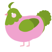 A pink and chartreuse chicken with a head pattern