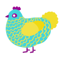 A aqua and yellow chicken with a lace pattern