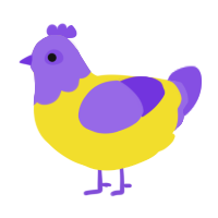 A yellow and blurple chicken with a head pattern